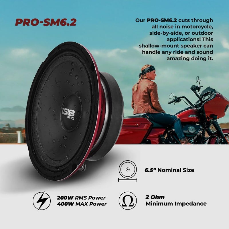 DS18 PRO-SM6.2 Slim Loudspeaker - 6.5", Midrange, Red Steel Basket, 400W Max Power, 200W RMS, 2 Ohms - IP66 Water Resistance, Perfect for Motorcycle Applications - Image 2